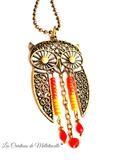 ☮ Sautoir hippie chic bronze   Hibou Tie & Dye   pendentif Hibou chouette yeux strassé perles orangé ☮